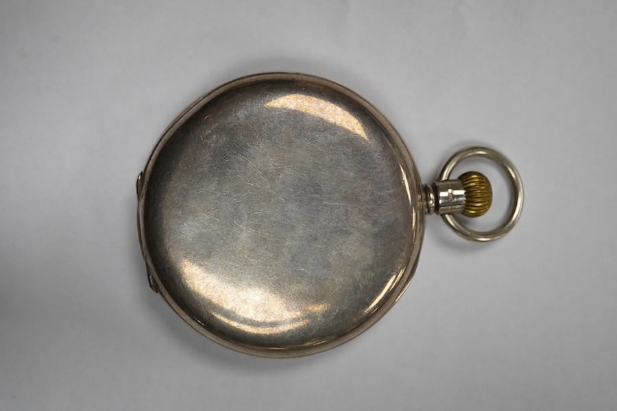 A George V silver J.W. Benson keyless half hunter pocket watch, with Roman dial and subsidiary seconds, case diameter 49mm. Condition - poor to fair